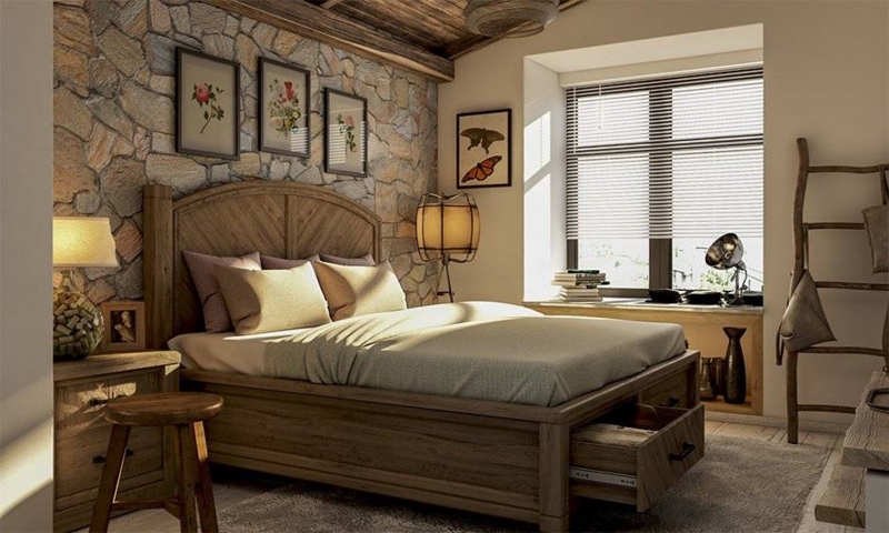 Storage Platform Bed with Arched Wood Headboard and Stone Accent Wall