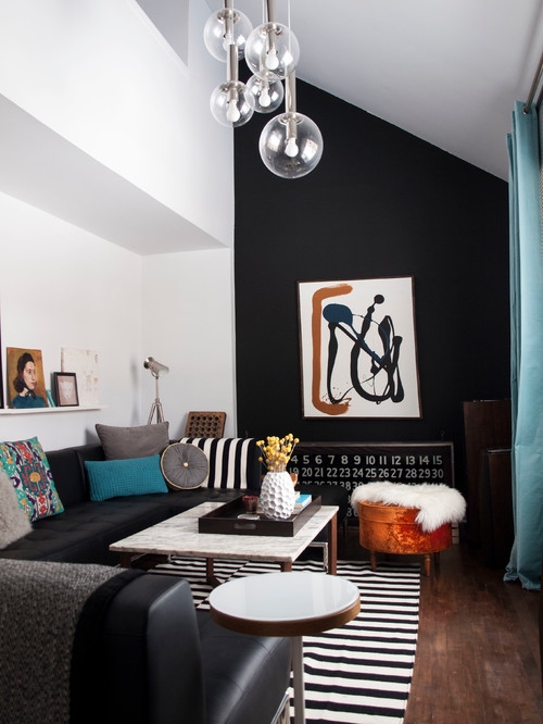 Striped Area Rug & Sectional Sofa | Contemporary Living Room Wall