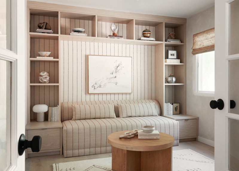Striped Daybed in Built-In Nook with Light Wood Vertical Paneling