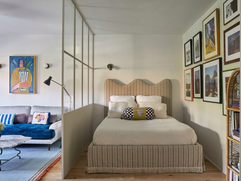 Studio Apartment Glass Partition Scalloped Headboard Eclectic