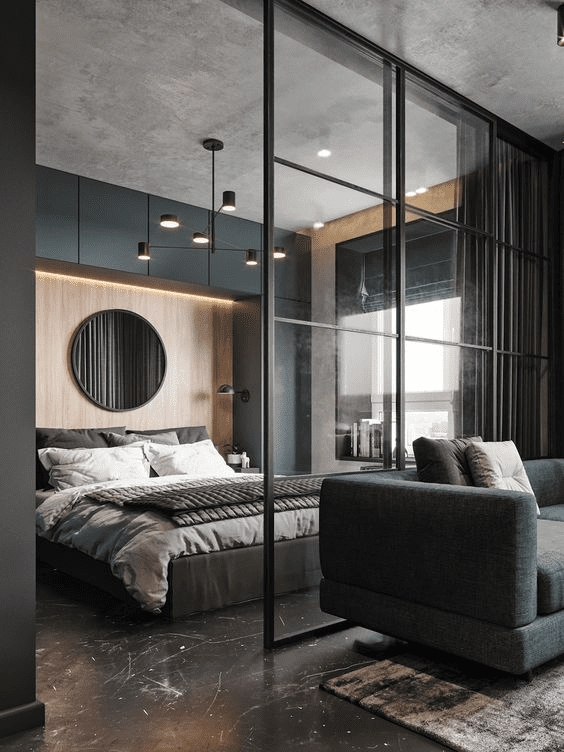 Studio Apartment with Glass Metal Partition and Concrete Ceiling
