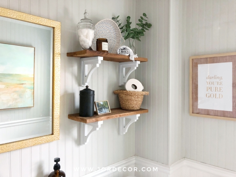 Styled Bathroom Floating Shelves with White Corbel Brackets