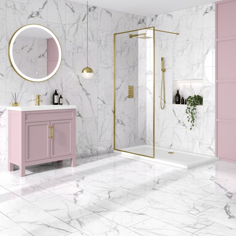 Stylish Bathroom Design featuring a Pink Vanity and Gold Fixtures