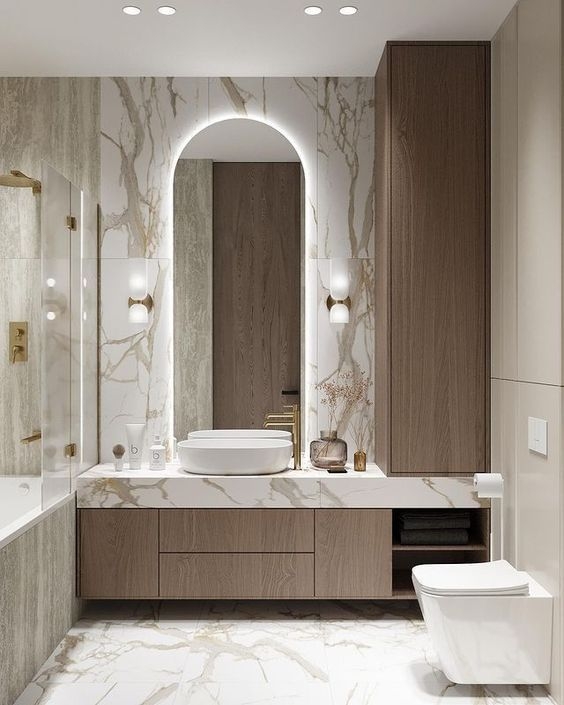 Stylish Bathroom Vanity with Arched Mirror & Gold Faucet