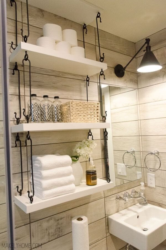 Suspended Bathroom Wall Shelves with Hooks, Wood Plank Walls
