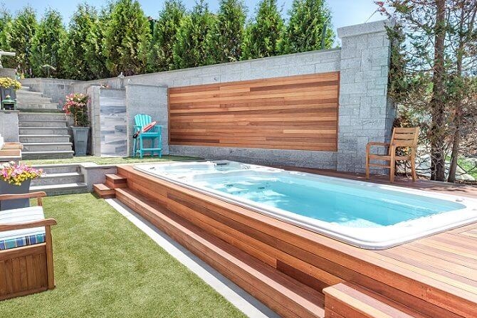 Swim Spa Integrated into Tiered Wooden Decking