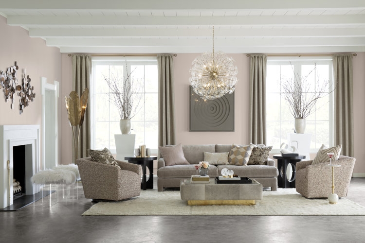 Symmetrical Beamed Ceiling Layout: Glam Living Room Chandelier