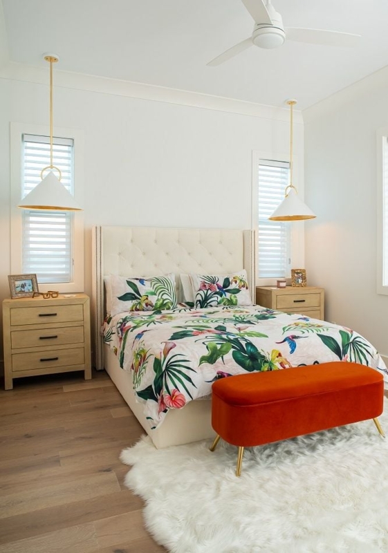 Symmetrical Cone Pendants Tropical Bedding Ideas Orange Accent Bench