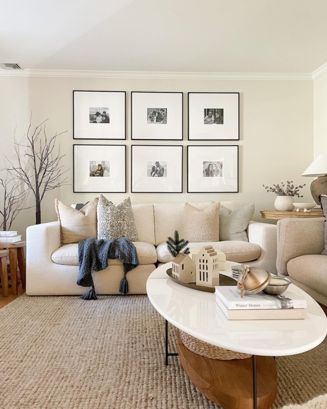 Symmetrical Grid Picture Frames Above Modern Oval Coffee Table And Jute Rug