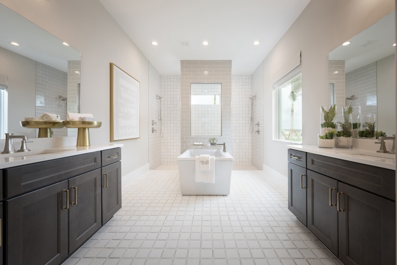 Symmetrical Layout Master Bath with Open Walk-Through Shower Tiling