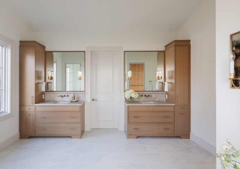 Symmetrical Light Wood Double Vanity with Storage Towers