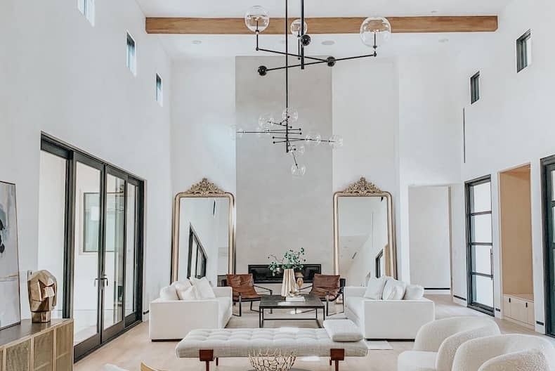 Symmetrical Living Room Design High Ceiling Mirrors