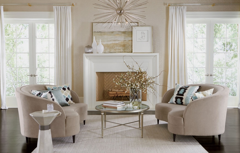Symmetrical Living Room Layout Ideas: Starburst Chandelier Focus