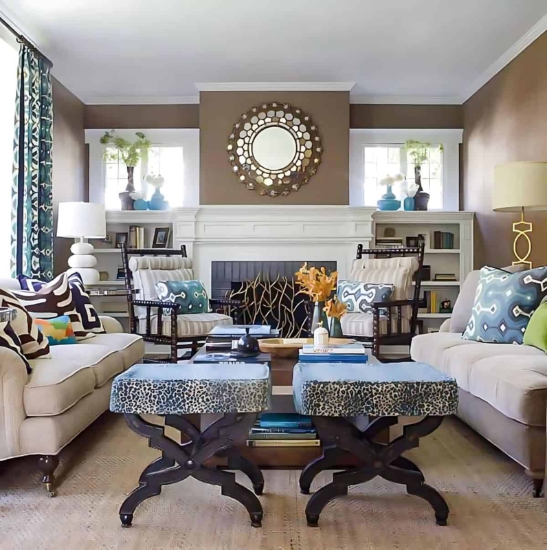 Symmetrical Living Room Layout: Leopard Print Stools & Branch Screen