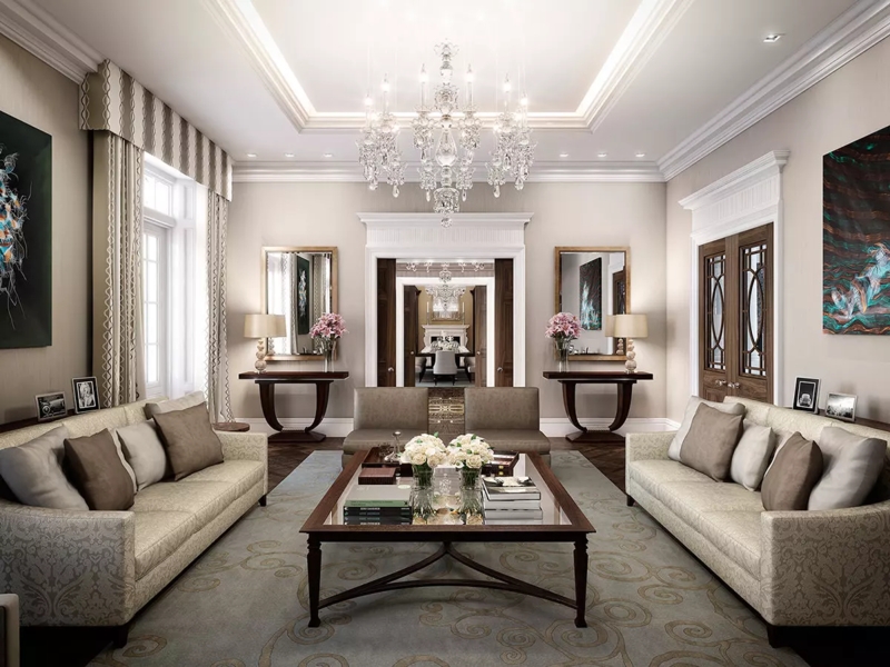 Symmetrical Living Room Layout with Grand Crystal Chandelier