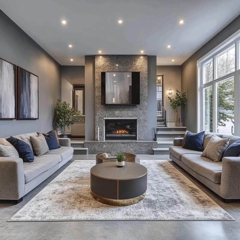 Symmetrical Living Room Layout with Stone-Clad Fireplace