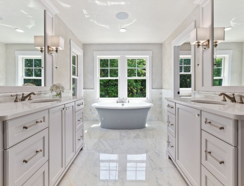 Symmetrical Master Bathroom Layout with White Shaker Vanities