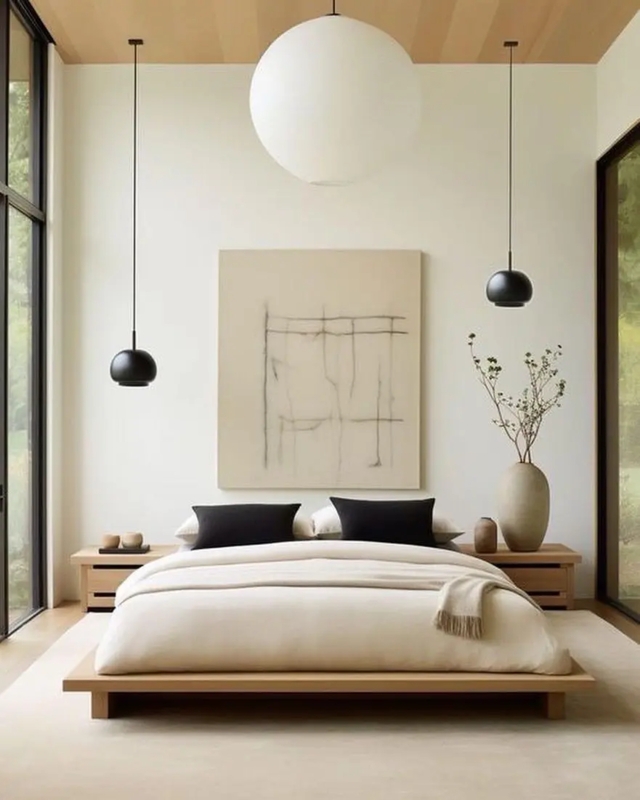 Symmetrical Pendants in Minimalist Japandi Bedroom Decor