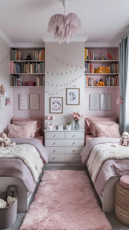 Symmetrical Shared Girls Bedroom with Built-In Shelving over Beds
