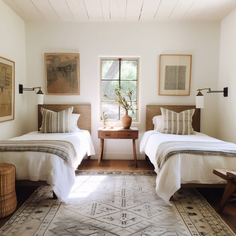 Symmetrical Twin Bedroom Layout with Modern Rustic Guest Room Decor