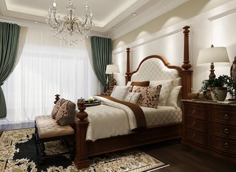 Tall Four-Poster Bed with Tufted Headboard and Sage Green Drapes