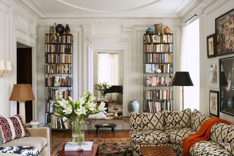Tall Metal Bookcase Styling in Eclectic French Country Living Room