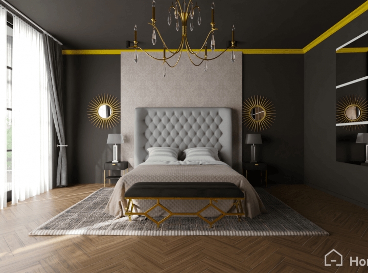 Tall Tufted Bed with Yellow Crown Molding and Gold Sunburst Mirrors
