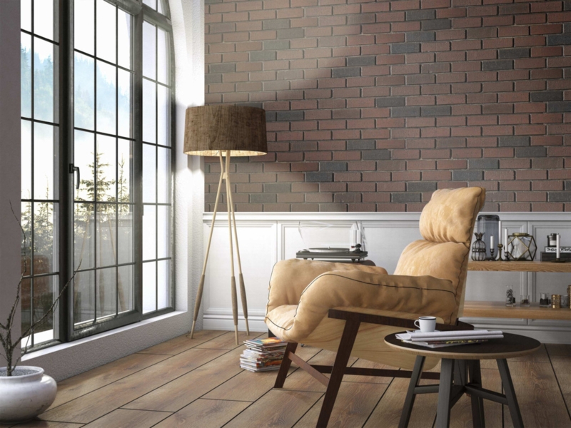 Tan Accent Chair in Cozy Brick Wall Reading Nook with Arched Window