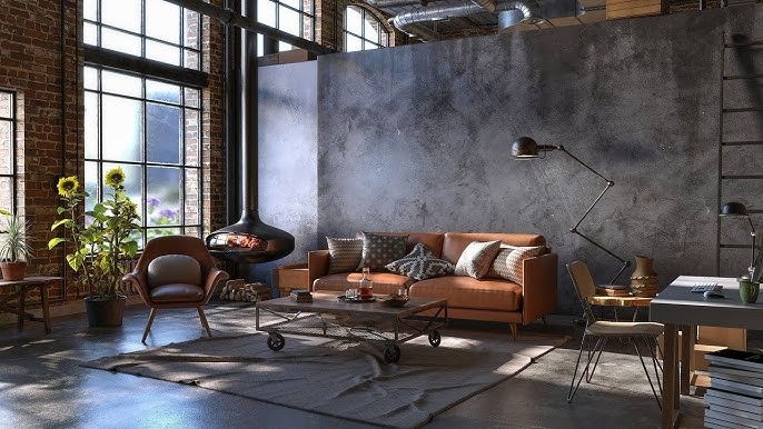 Tan Leather-Like Sofa: Industrial Living Room with Suspended Fireplace