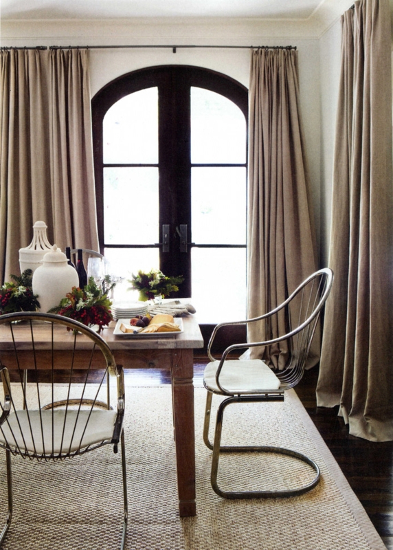 Taupe Linen-Like Curtains with Puddled Hem on Arched Doors