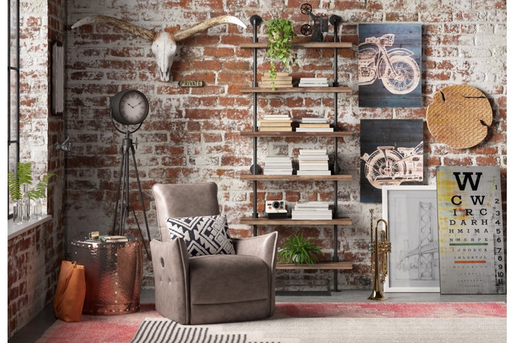 Taupe Recliner in Industrial Living Room with Pipe Shelving Unit