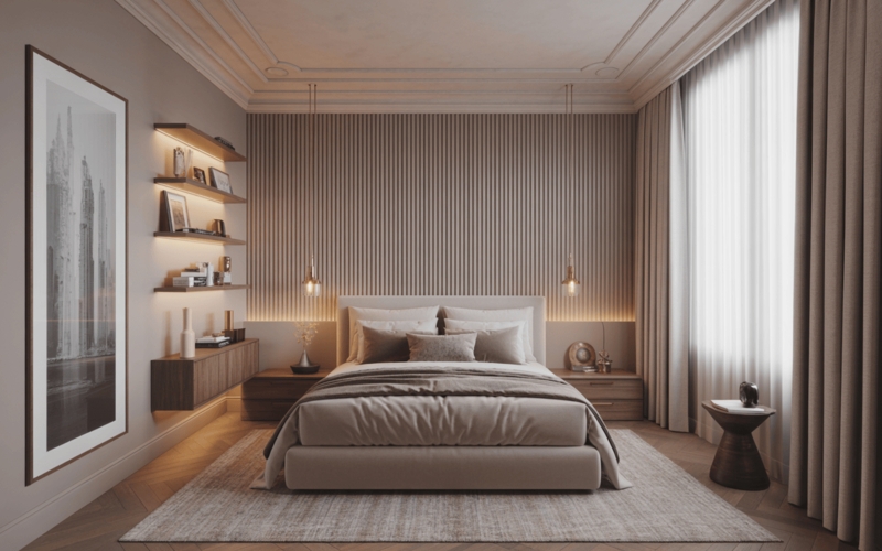 Taupe Ribbed Wall Bed with Integrated Ambient Backlighting