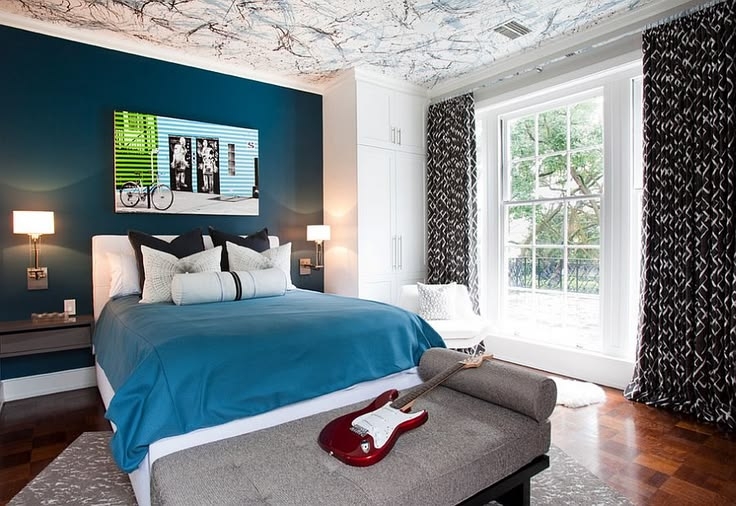 Teal Accent Wall & Wallpapered Ceiling Bedroom Design