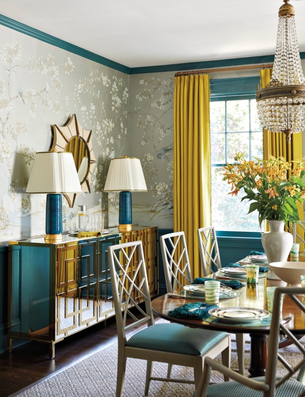 Teal and Yellow Dining Room with Mirrored Geometric Sideboard