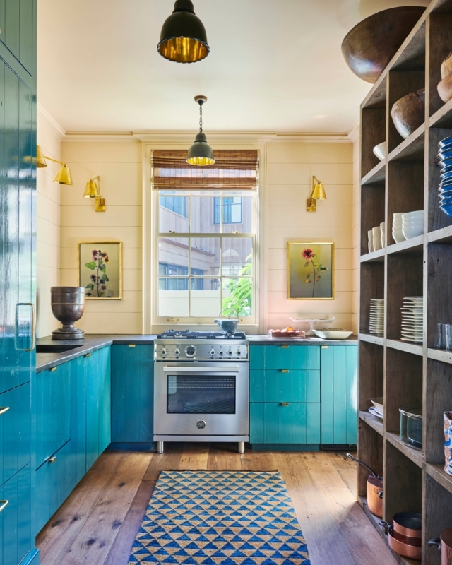 Teal Blue Kitchen Cabinets with Floor to Ceiling Open Shelving