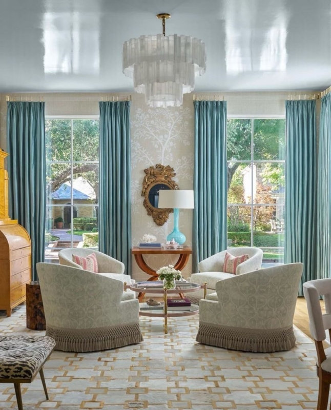 Teal Curtains and Glossy Ceiling in Formal Living Room
