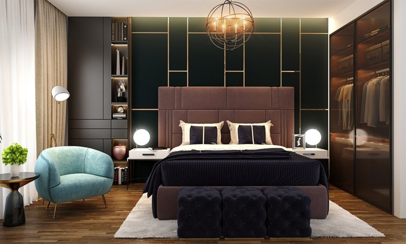 Teal Curved Accent Chair in a Luxury Master Suite with Gold Wall Inlay