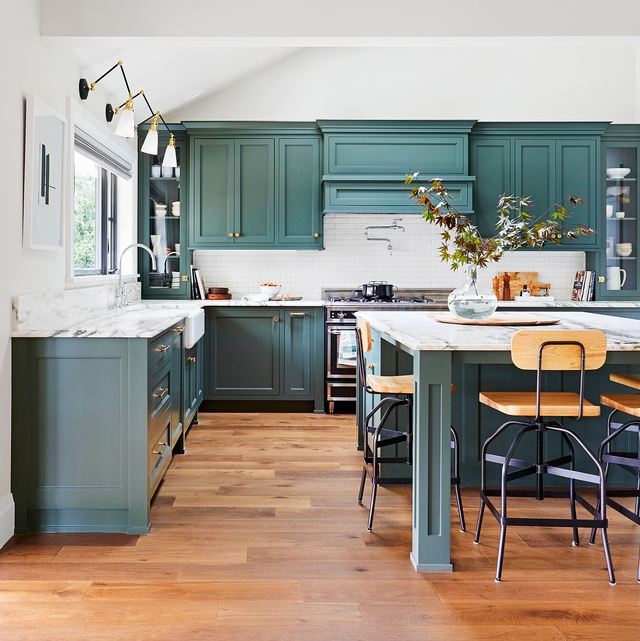 Teal Kitchen Cabinet Inspiration with Industrial Bar Stools