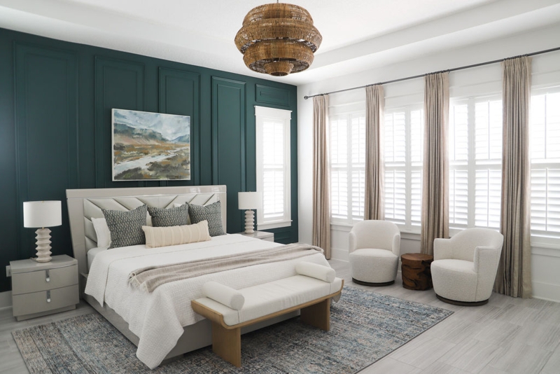Teal Paneled Accent Wall with Woven Rattan Tiered Chandelier