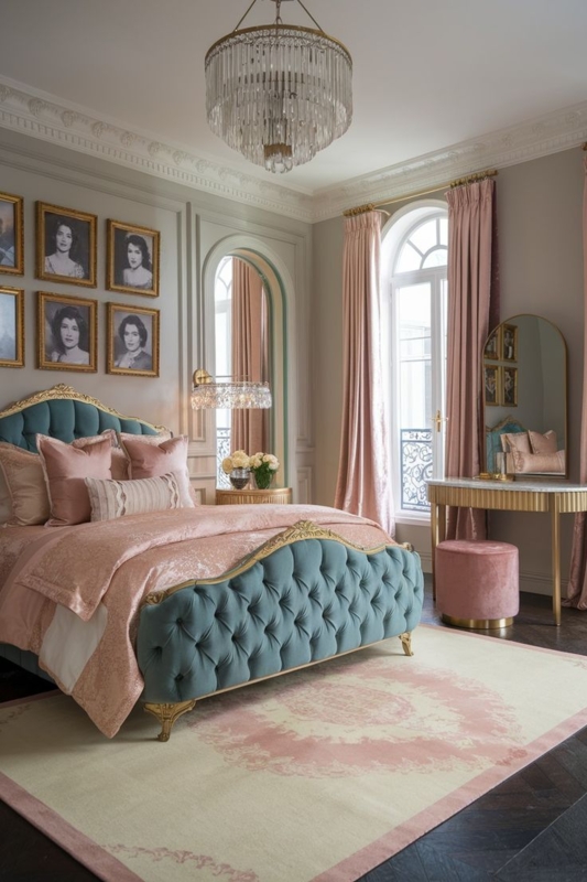 Teal Tufted Velvet Bed with Gold Frame and Blush Pink Curtains