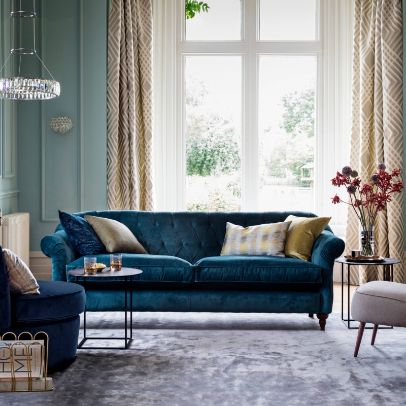 Teal Velvet Chesterfield Sofa Ideas: Tiered Crystal Pendant & Molding
