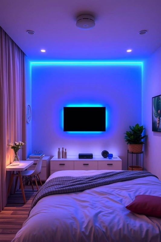 Tech-inspired Bedroom with Blue LED Backlighting and Ceiling Lights
