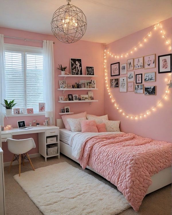 Teen Bedroom Decor with Chunky Knit Throw & String Lights
