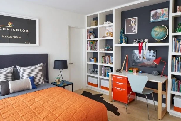 Teen Bedroom featuring Integrated Desk Shelving and Orange Quilted Bedding