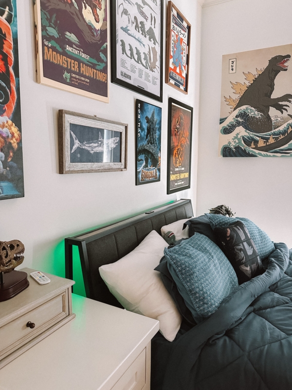 Teen Bedroom highlighting Green LED Backlighting and Monster Gallery Wall