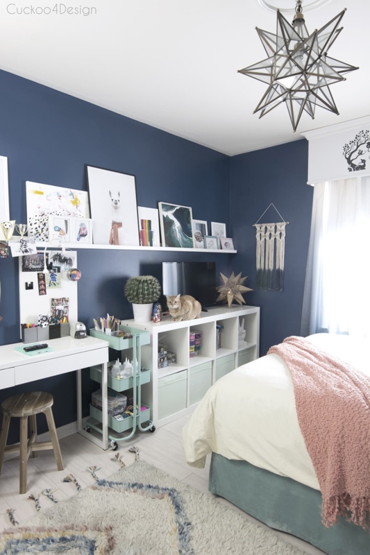 Teen Bedroom: Navy Blue Accent Wall & Star Pendant Light