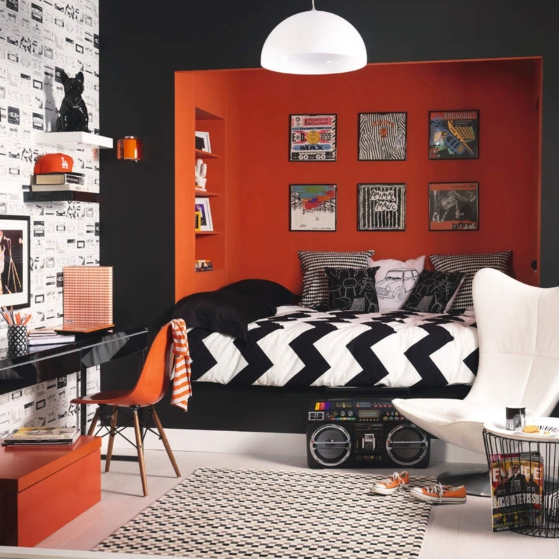 Teen Bedroom showing Orange Bed Nook and Retro Boombox Decor