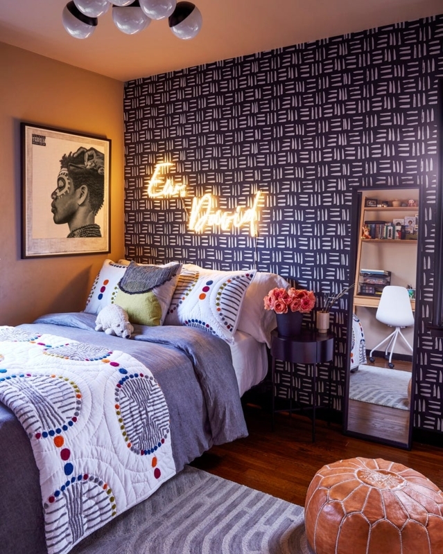 Teen Bedroom with Neon Wall Decor and Graphic Accent Wall