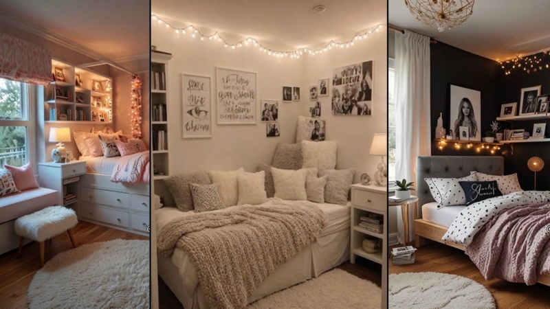 Teen Girl Bedroom Lighting Ideas with String Lights & Gallery Walls