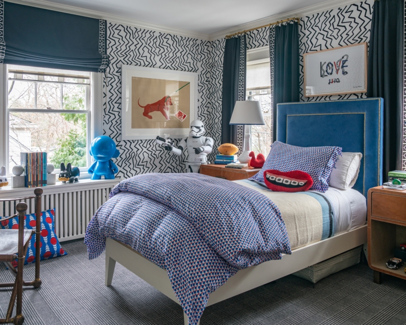Teenage Bedroom with Blue Velvet Headboard and Zigzag Wallpaper